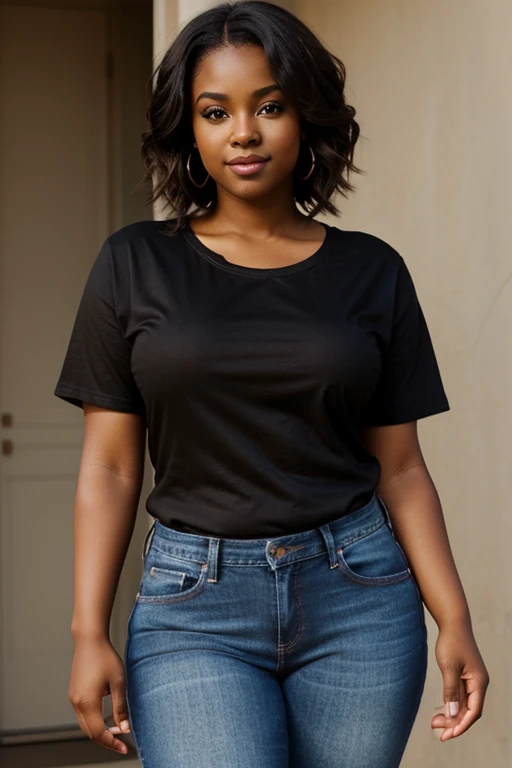 handsome and beautiful chubby African American women, medium brown skin tone, smirking with natural brown hair half body shot wearing a black t-shirt and jeans