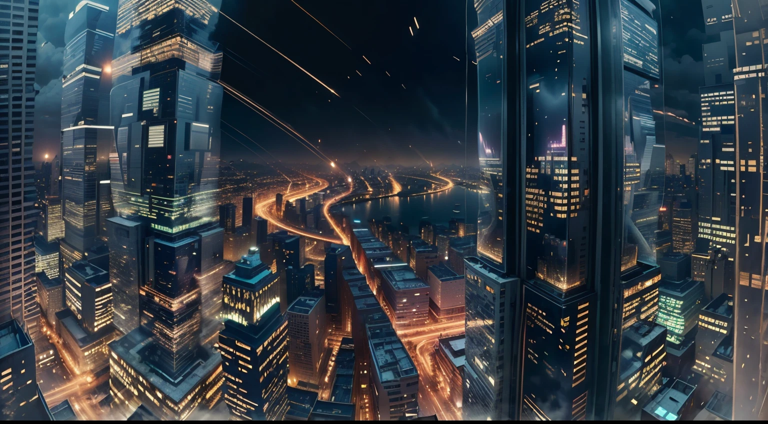 City view at night from the top of a skyscraper, detailed buildings:2.1, mirror glass skyscraper,