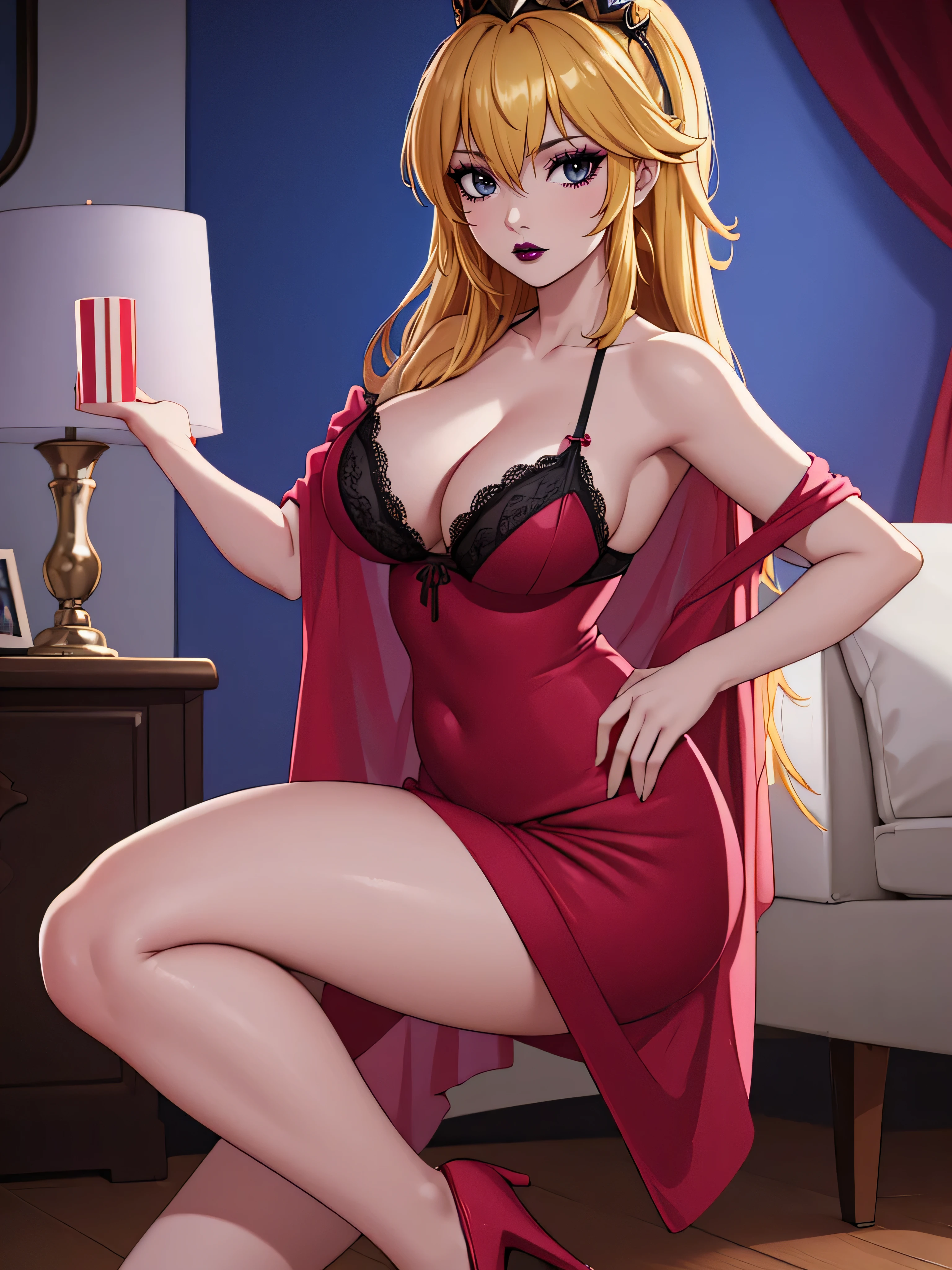 ((high detailed, best quality, 4k, masterpiece, hd:1.3)), ((best quality)), ((HD)), ((8k)), (ultraHD), log cabin, bonfire, Christmas Tree, X-Mas tree, Princess Peach with christmas gifts, BREAK blue eyes, seductive, attractive, smooth anime cg art, 36C breasts, long legs, vivid colors, detailed digital art, slim body, perfect skin, blonde hair over one eye, BREAK crown, cleavage, looking at viewer, BREAK looking at viewer, extremely detailed face, pink_santa_lingerie, pink_santa_claus_lingerie, santa claus lingerie, winter lingerie, earrings, gem, dark black makeup lips, (black high heels), high heels, dark gothic eyeshadows, dark eyeshadows, black eyeshadows, black sexy lips, black lips, (dark:1.2), dark lips, very dark lips, (perfect hands, perfect anatomy), black makeup, black lips, detailed fingers, five fingers per hand, 5 fingers, (1 girl), (solo:1.3), detailed lips, detailed black lips, black painted lips, gothic painted lips, (breast focus), (breasts out:1.3), (off shoulder:1.1),