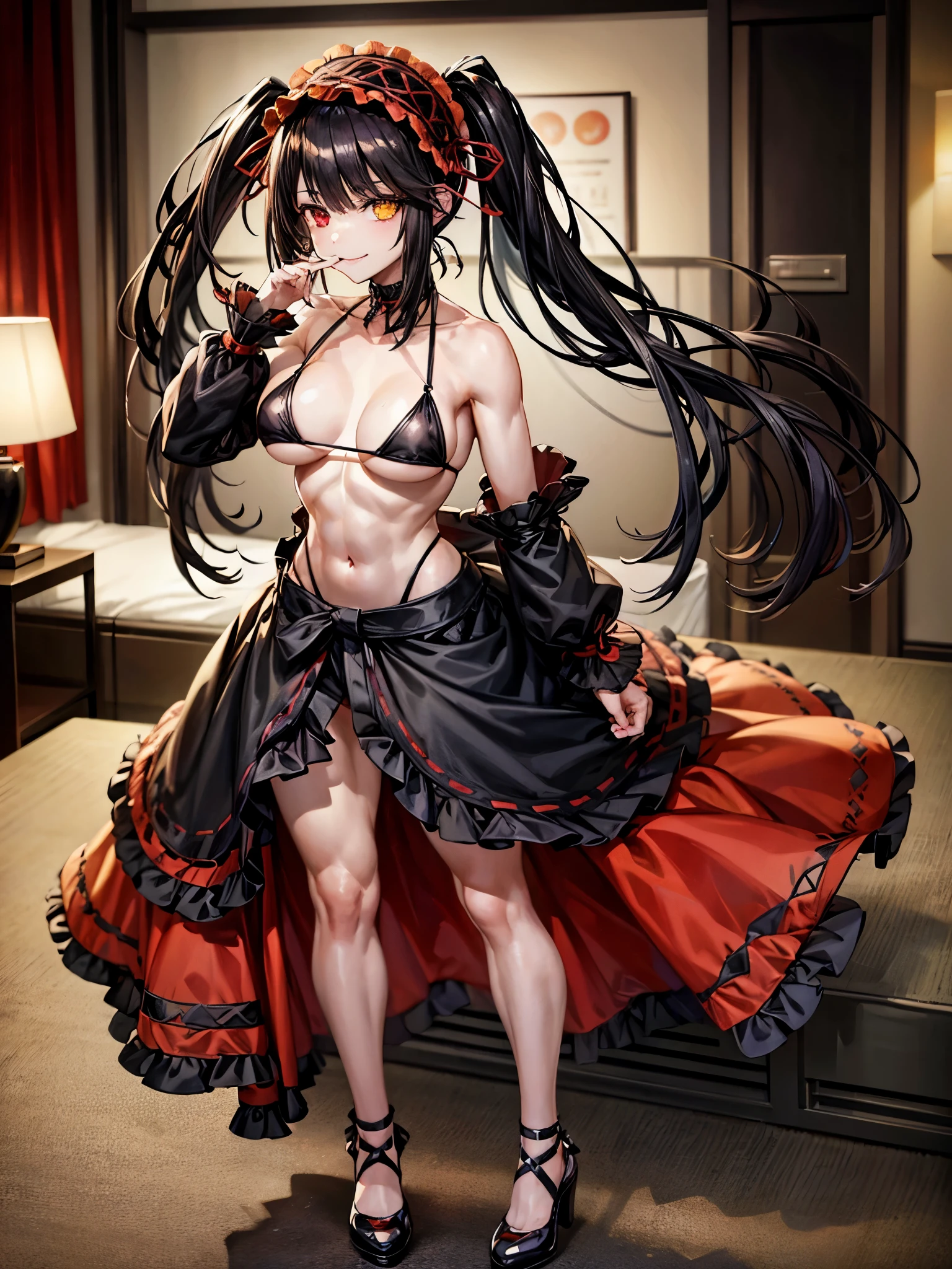 1 girl, bare shoulders, black hair, medium breasts, muscular legs, muscular belly, wide hips, thin waist, (((clock eyes))), (wearing a very short and sexy bikini), finger to mouth, ((( in motel room))), full body, goth, hairband, (standing), heterochromia, index finger raised, black high heel shoes, ta hairband, long hair, Looking at Viewer, red eyes, smile, alone, symbol-shaped pupils, (Kurumi Tokisaki), twintails, uneven Double tails, yellow eyes,