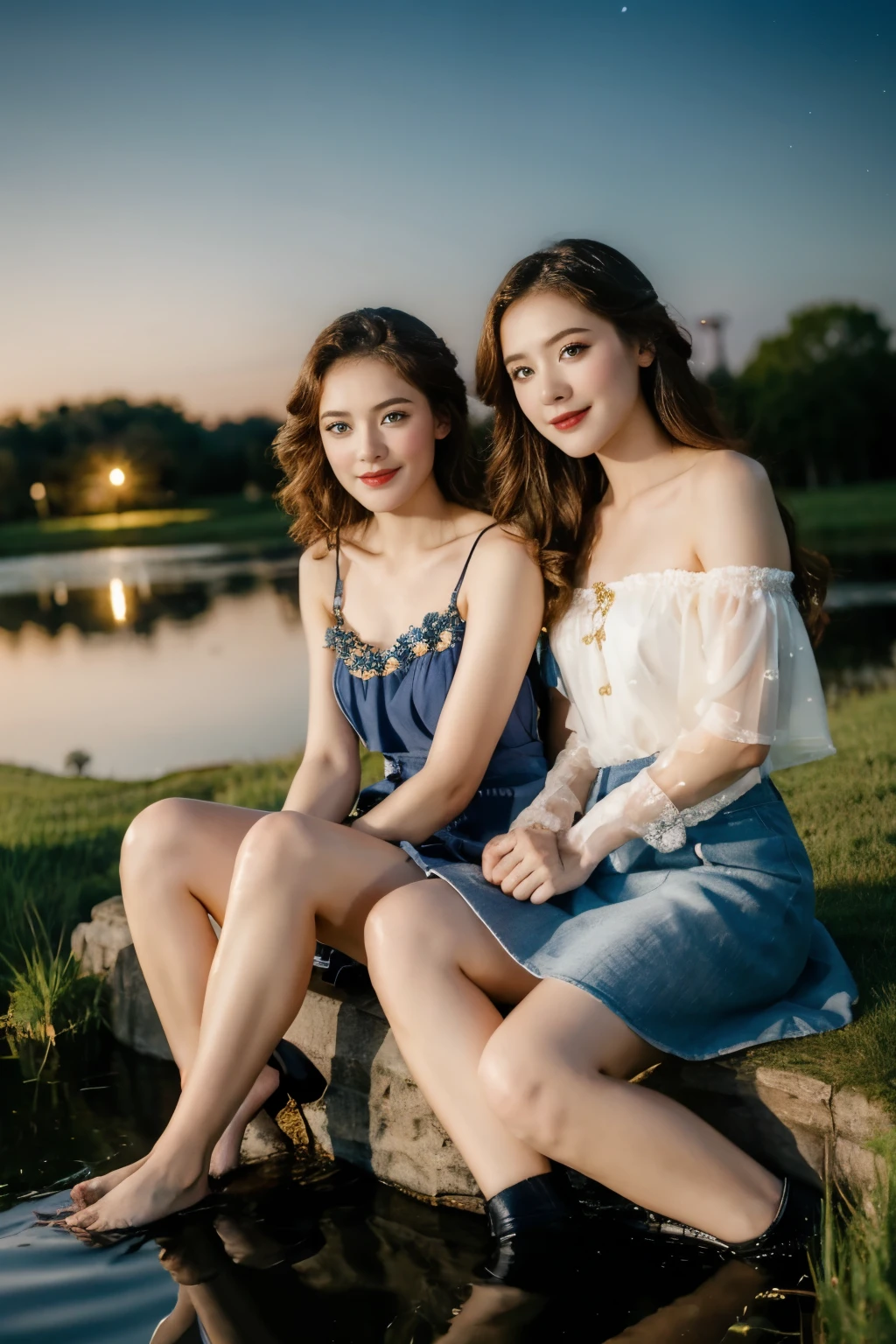 All faces and pictures must be different,((Ultra Long Exposure Photography)) high quality, highly detailed, a stunningly photorealistic closeup portrait of two beautiful animated women, intricate detailed eyes,open shoulders,skirtlift,where two mysterious women sits by the edge of a pond, capturing a romantic atmosphere under the starry sky.