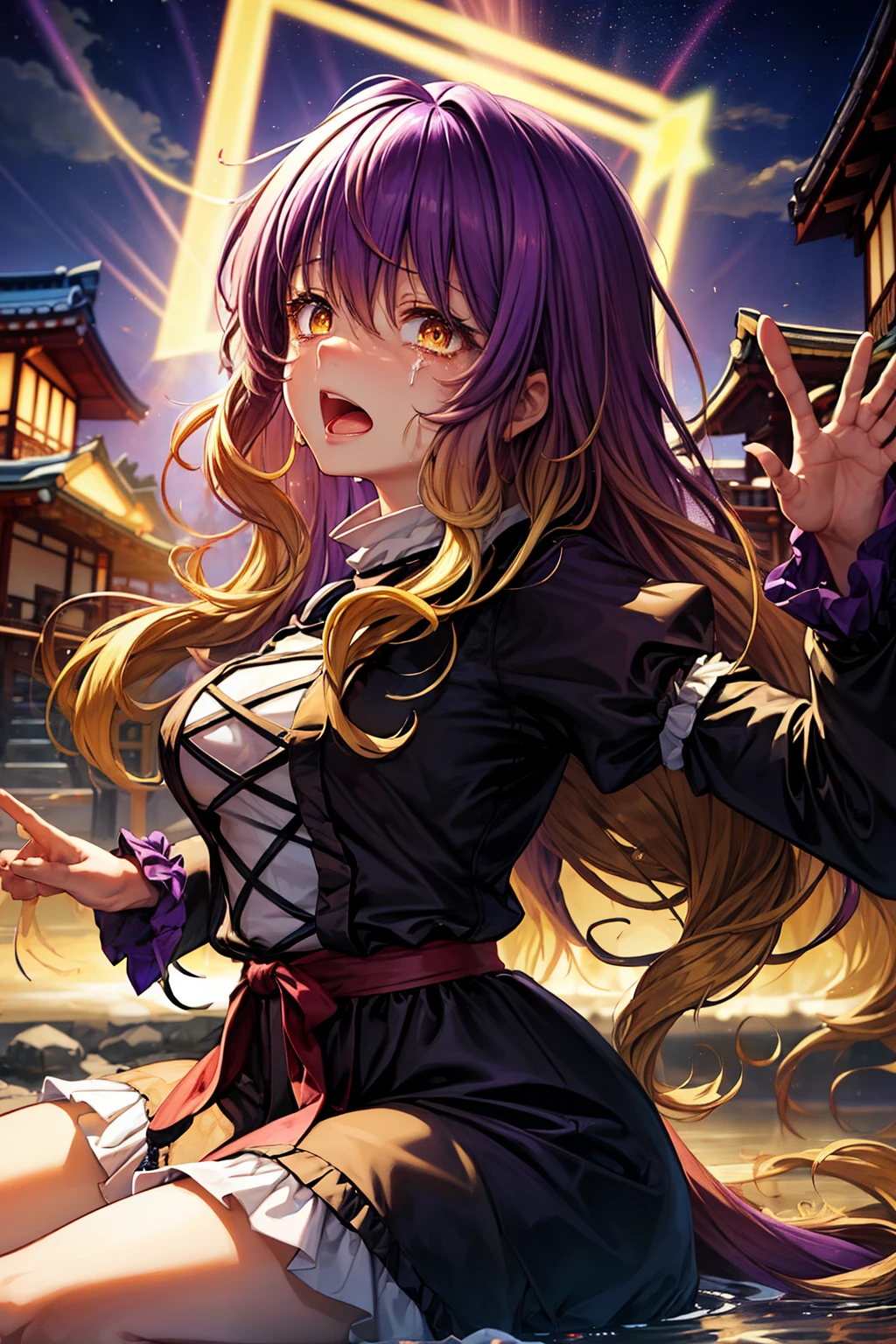 (masterpiece, top quality, best quality, beautiful and aesthetic:1.2), hijiri_byakuren_touhou,multicolored_hair, gradient_hair, long_hair, purple_hair, blonde_hair, yellow_eyes, smile, brown_hair, breasts,japanese architecture, surprised, :o, beam, laser, glaring body, open box, box, open mouth, jaw drop, wide-eyed, panicking, horrified, screaming, sobbing, traumatized, turn pale, wavy mouth, glowing, glow, outer glow