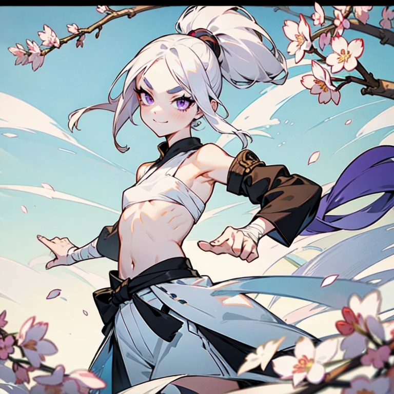 1girl, slim build, long white hair in a ponytail, albino, purple eyes, white eyelashes, short white eyebrows, petite, flat chest, topless, bandaged breasts, midriff, ninja clothes, martial arts pose, manic smile, solo, best quality, masterpiece, portrait, cherry blossom valley background, looking at the camera, from the front, detailed, perfect anatomy, both hands visible, detailed art, high definition, 4k, high resolution