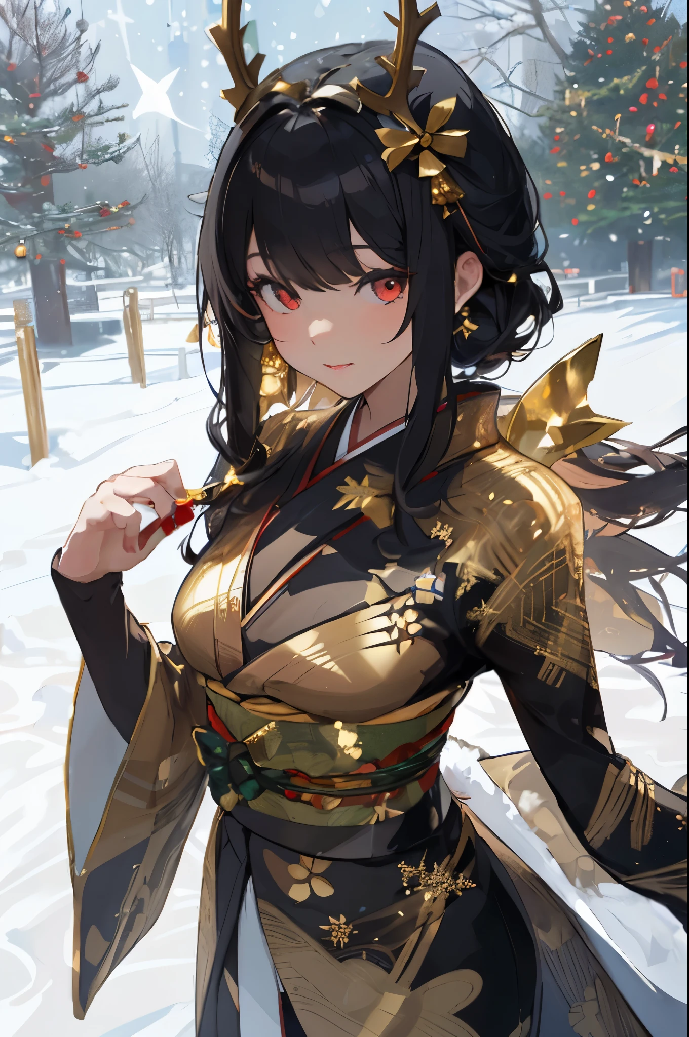 girl in a kimono outfit in the snow, brown hair, Surrealism, Social realism, Realism, Hyperrealism, glowing light, UHD, masterpiece, anatomically correct, high details, high quality, award winning, best quality, 16k