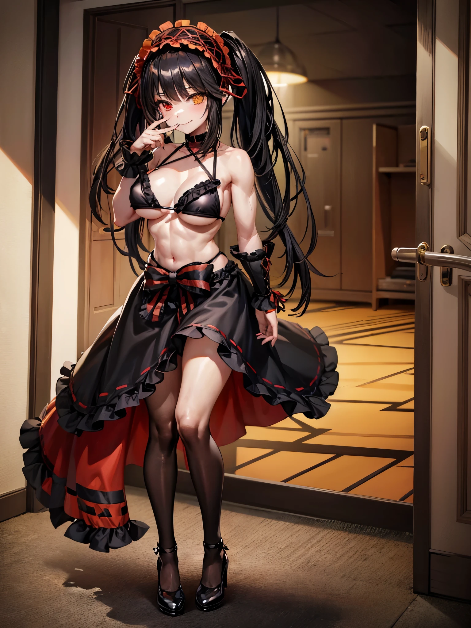 1 girl, bare shoulders, black hair, medium breasts, muscular legs, muscular belly, wide hips, thin waist, (((clock eyes))), (wearing a very short and sexy bikini), finger to mouth, ((( in motel room))), full body, goth, hairband, (standing), heterochromia, index finger raised, black high heel shoes, ta hairband, long hair, Looking at Viewer, red eyes, smile, alone, symbol-shaped pupils, (Kurumi Tokisaki), twintails, uneven Double tails, yellow eyes,