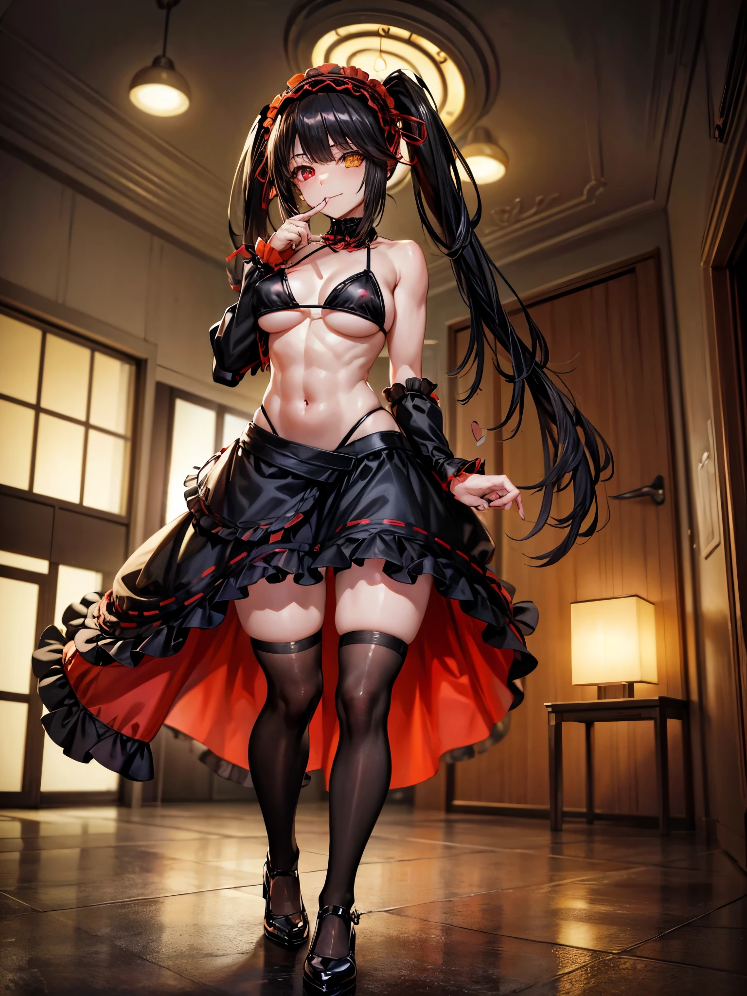 1 girl, bare shoulders, black hair, medium breasts, muscular legs, muscular belly, wide hips, thin waist, (((clock eyes))), (wearing a very short and sexy bikini), finger to mouth, ((( in motel room))), full body, goth, hairband, (standing), heterochromia, index finger raised, black high heel shoes, lolita hairband, long hair, Looking at Viewer, red eyes, smile, alone, symbol-shaped pupils, (Kurumi Tokisaki), twintails, uneven Double tails, yellow eyes,