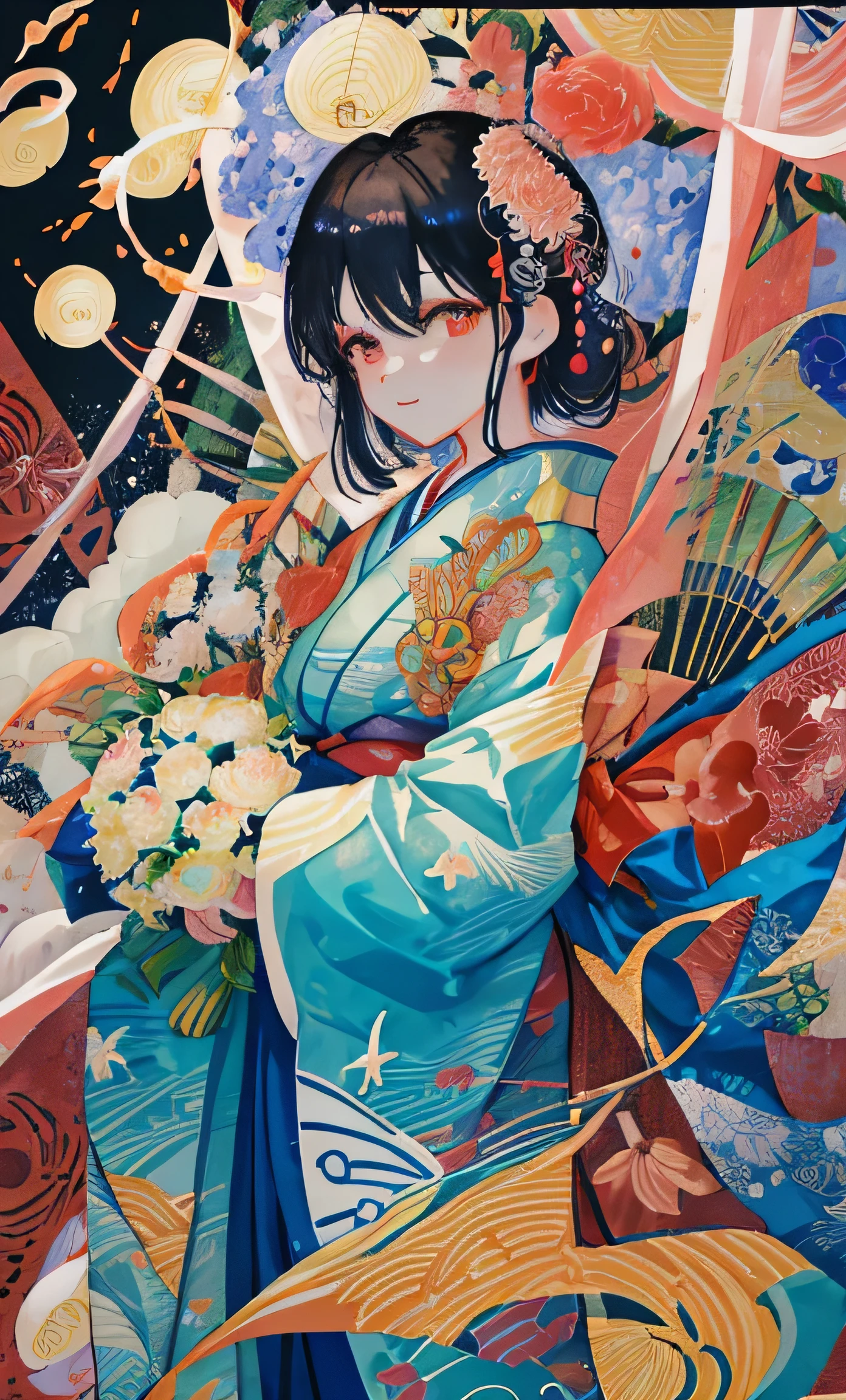 Woman in kimono holding a bouquet of flowers, Japanese art on behance, Deng Sachin, author:Golden flame, author:Kikukawa Sakaeyama, in the style of Deng Sachin, author:Ye Ruian, author:Kentaro Miura, author:Nobusada Yanagawa, by Jin Nong, I'm sorry for losing.! cmyk palette