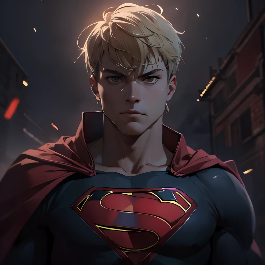(masterpiece), 8k cg, intricate details, chromatic aberration, ((bust shot)), ((looking at viewer)), 1man, (Superman, brown eyes, short blonde hair, body suit, red cape), handsome face, strong face, frown, absurdres, cinematic lighting, dynamic lighting, fantasy, ((dark background, fog))