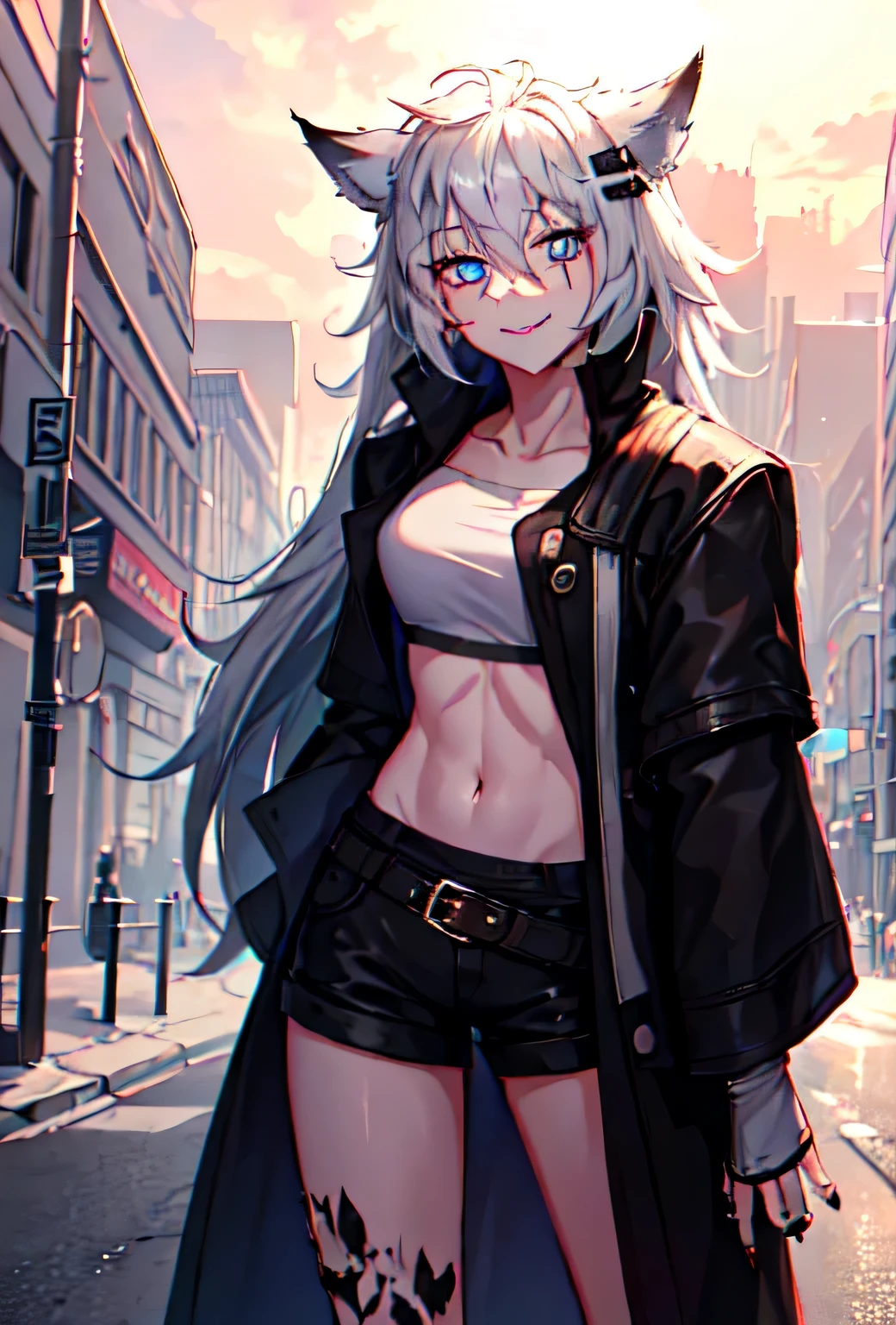 (((nice hand, Good face, good eyes, pretty  face, Good mouth, Good nose, glowing light eyes))), ((((stomach, Nice belly, thin, shades, Nice navel, the ribs)))), ((((perfect anatomia)))), ((Japanese cartoon girl, Japanese cartoon)), detailedbackground, A high resolution, offcial art, (tmasterpiece, Best quality at best, absurd res), ((((1 girl, Alone)))), ((extreme hight detail)), (ultra - detailed), (ctextured skin), (((Very clear))), Best quality at best, tmasterpiece, Bando, black Manteau, black fingernails, 黑色shorter pants, Manteau, cow boy shot, fingerless mitts, mitts, eBlue eyes, with gray hair, hair adornments, hair pin, long whitr hair, longer sleeves, looking at viewert, diaphragm, nail polish, Open your clothes, open Manteau, Ore disease affects Arknights), shorter pants, ssmile, Permanent, No shoulder strap, upper legs, Bandeau, very long whitr hair, white mitts, Wolf ears, the street, Outdoor activities