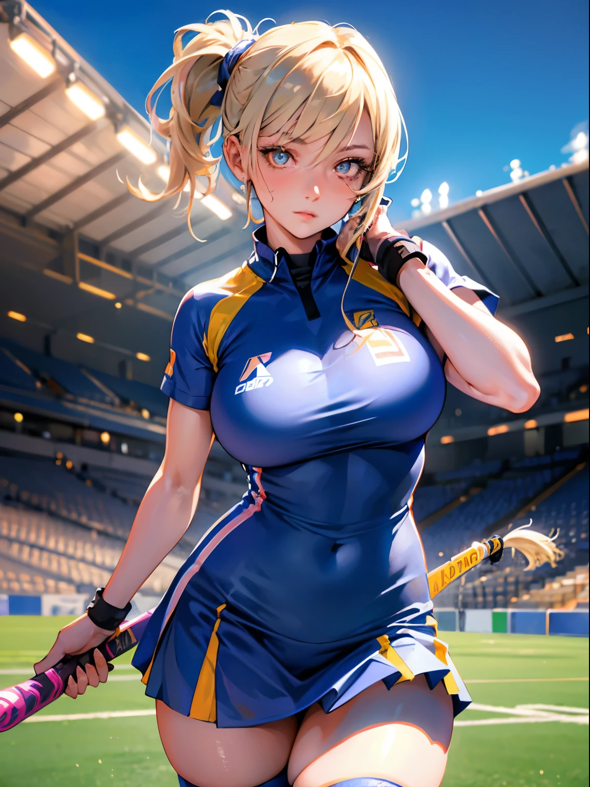 (Best Quality, masutepiece),ultra detailed photographic,1girl in, female field hockey player ,Large breasts,nice legs, At the field hockey venue,Detailed beautiful face,Beautiful eyes,detailed hairs,detailed  clothes,Detailed realistic skin,Cool,Dynamic Angle,