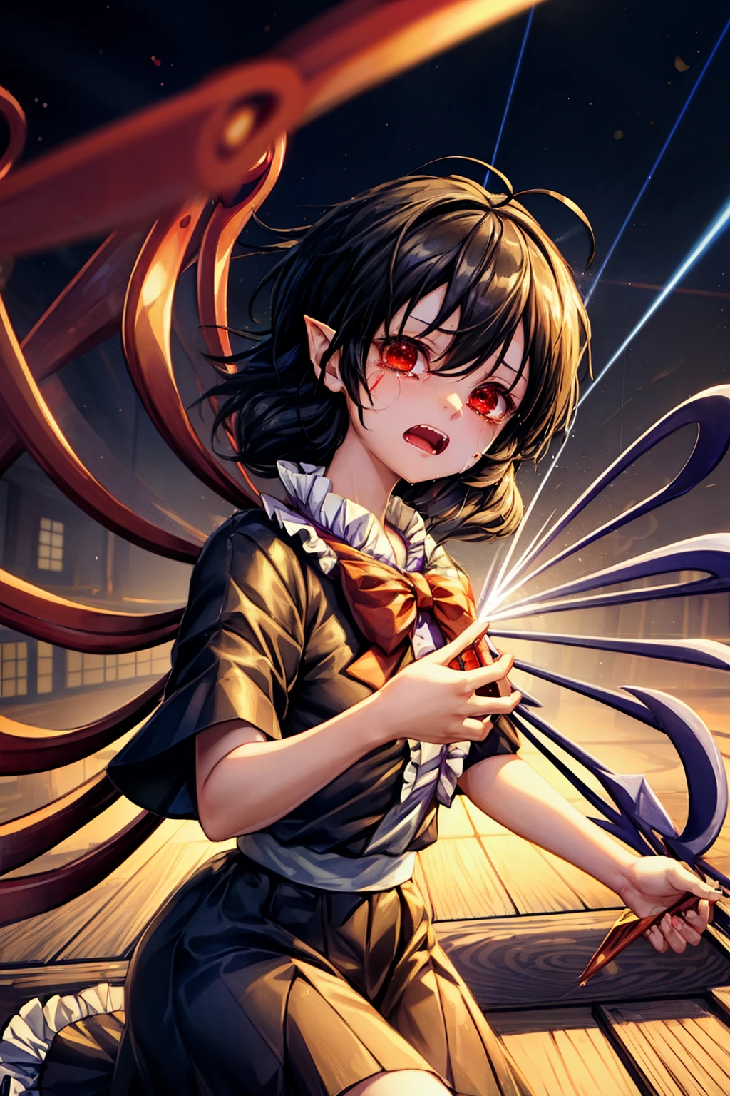 (masterpiece, top quality, best quality, beautiful and aesthetic:1.2), houjuu_nue_touhou, black_hair, wings, asymmetrical_wings, red_eyes, short_hair, bow, japanese architecture, surprised, :o, beam, laser, glaring body, open box, box, open mouth, jaw drop, wide-eyed, panicking, horrified, screaming, sobbing, traumatized, turn pale, wavy mouth, glowing, glow, outer glow