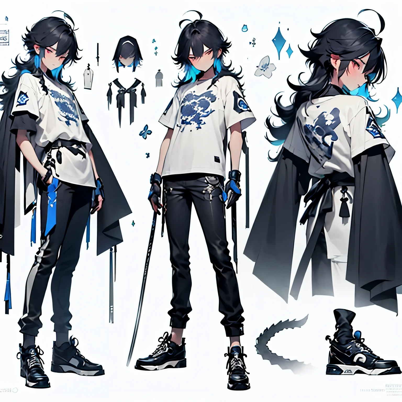 ((humain)), ((boy )), ((17ans)), ((longs cheveux bleus)), ((Yeux verts)), (t-shirt avec capuche noir)), ((white background)), ((short noir)), ((chaussures noir)), ((katana))
