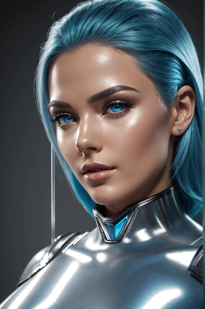 (best quality,8k:1.2,high resolution:1.2),ultra-detalhado,Realistic,science fiction female superhero,retro futurism,blue hair,belos olhos detalhados,beautiful detailed lips,olhos e rosto extremamente detalhados,long eyelashes,transparent silver latex Leotard,Apertado,red tights,Shiny Metal Accessories,fundo branco neutro,profissional,vivid colors,Physically-based rendering,foco nítido,studio lighting,artistas conceituais