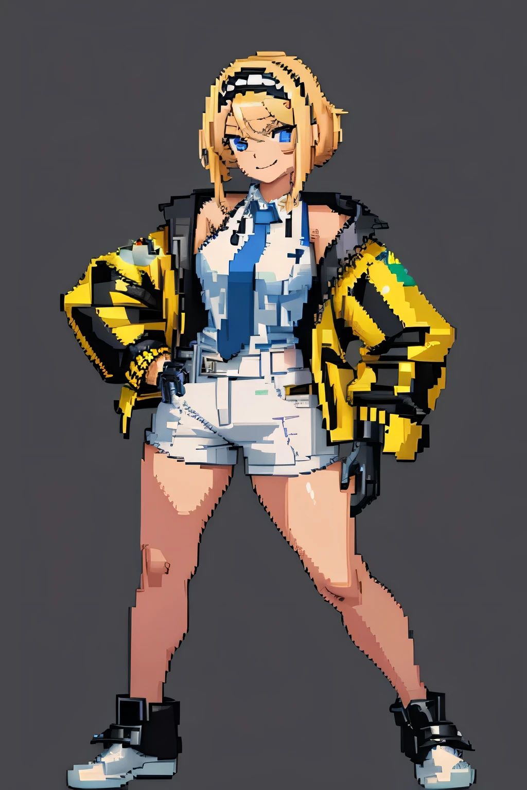masterpiece, best quality, detailed, solo, 1girl, smile, looking at viewer, shirt, jacket, black gloves, necktie, hairband, white shorts, standing, simple background, full body, hand on hip, 2d sprite, pixel art,