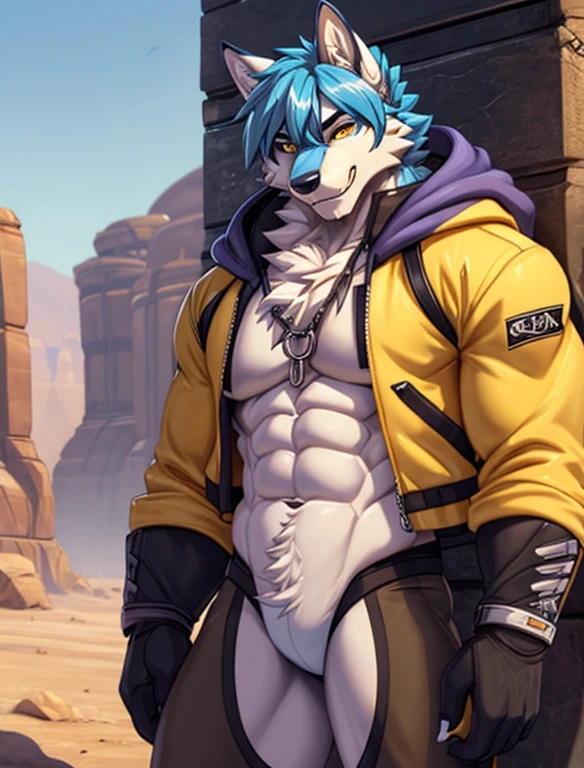 Furry boy,with Blue hair, withHood jacket, Yellow eyes, muscular body, no shirt