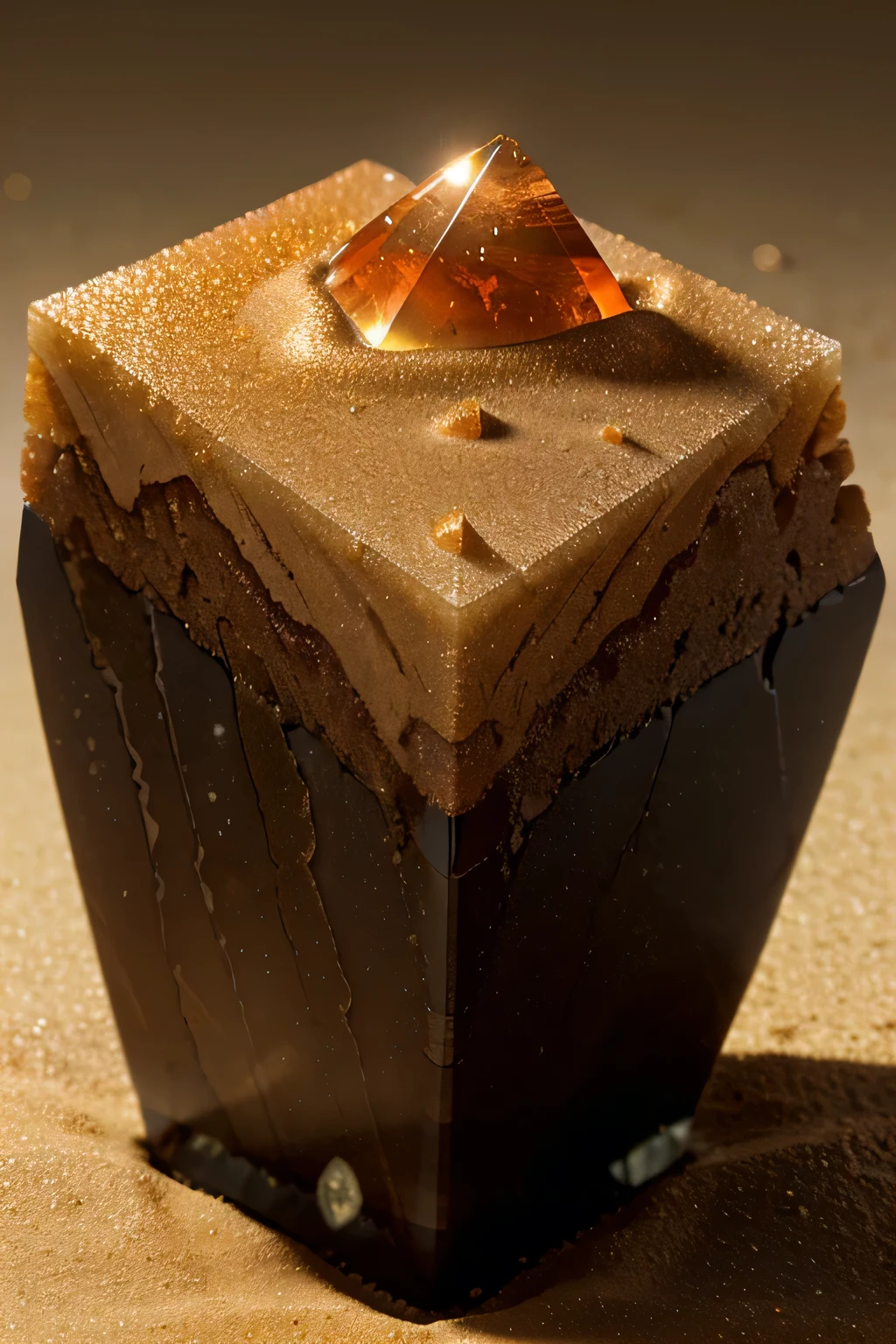 unusual mineral, Gradient, creamy sand color, slightly red-orange in places, slightly brown, Glossy, geoid, Sharp corners, texture, Beautiful, slightly glowing, hyper realisitc, HD Lighting Ridge, Tourmaline from Burma., nothing deep around., delicate yellow background, nothing black