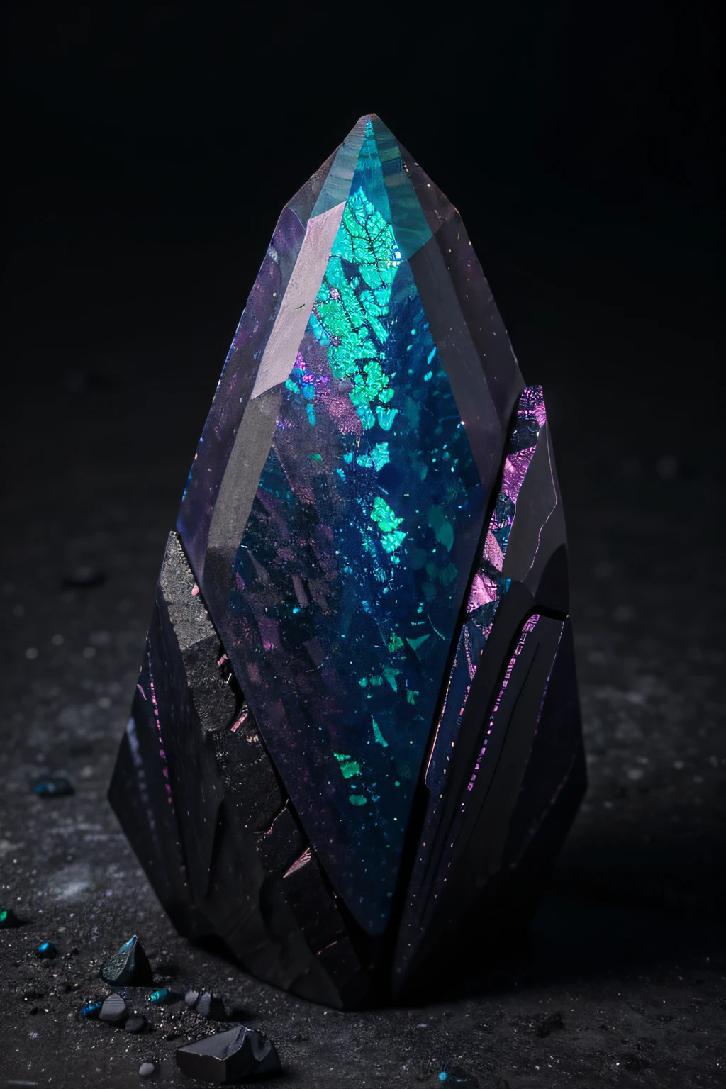 unusual mineral, Gradient, blau, slightly pink in places, slightly purple, black, Glossy, geoid, Sharp corners, texture, beautiful on black, slightly glowing, dust and light, hyperrealism, HD, realism, real, Black opal Lighting Ridge, fluorite, Burmese tourmaline, Rhodochrosite