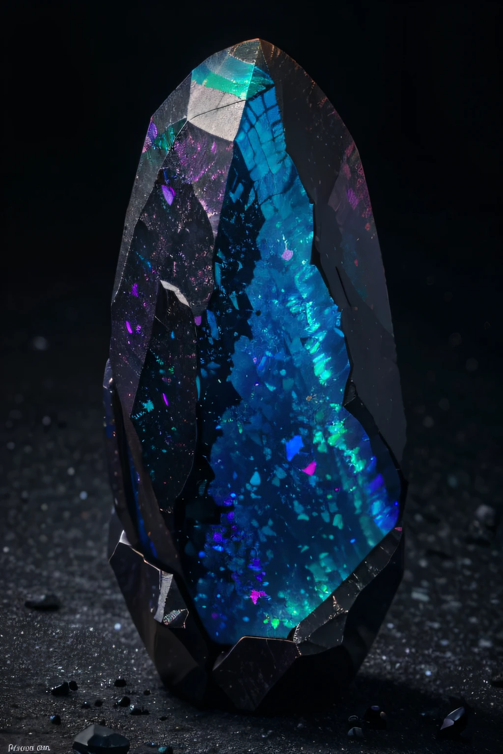 unusual mineral, Gradient, blau, slightly pink in places, slightly purple, black, Glossy, geoid, Sharp corners, texture, beautiful on black, slightly glowing, dust and light, hyperrealism, HD, realism, real, Black opal Lighting Ridge, fluorite, Burmese tourmaline, Rhodochrosite