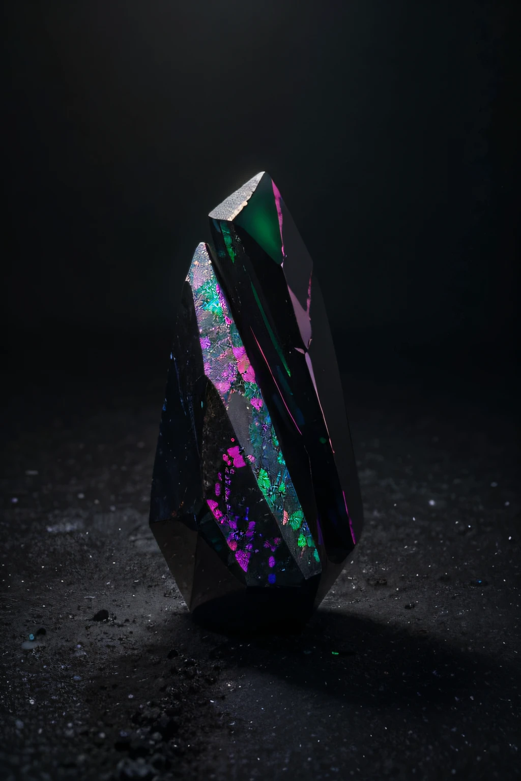 unusual mineral, Gradient, blau, slightly pink in places, slightly purple, black, Glossy, geoid, Sharp corners, texture, beautiful on black, slightly glowing, dust and light, hyperrealism, HD, realism, real, Black opal Lighting Ridge, fluorite, Tourmaline stone from Burma