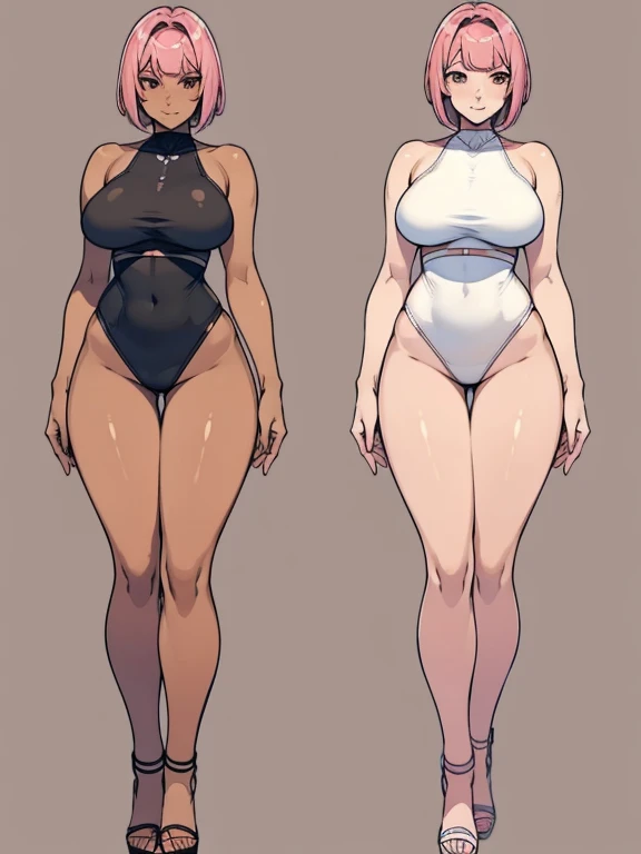 Female original character reference sheet adoptable, pink hair, (short bangs hair:1.36), detailed brown eyes, narrow waist, depth of field, 1girl, (on a background:1.3), (full body), pose, big breasts, wide hips, athletic figure, ((thigh cutout)), (((dark skin))),