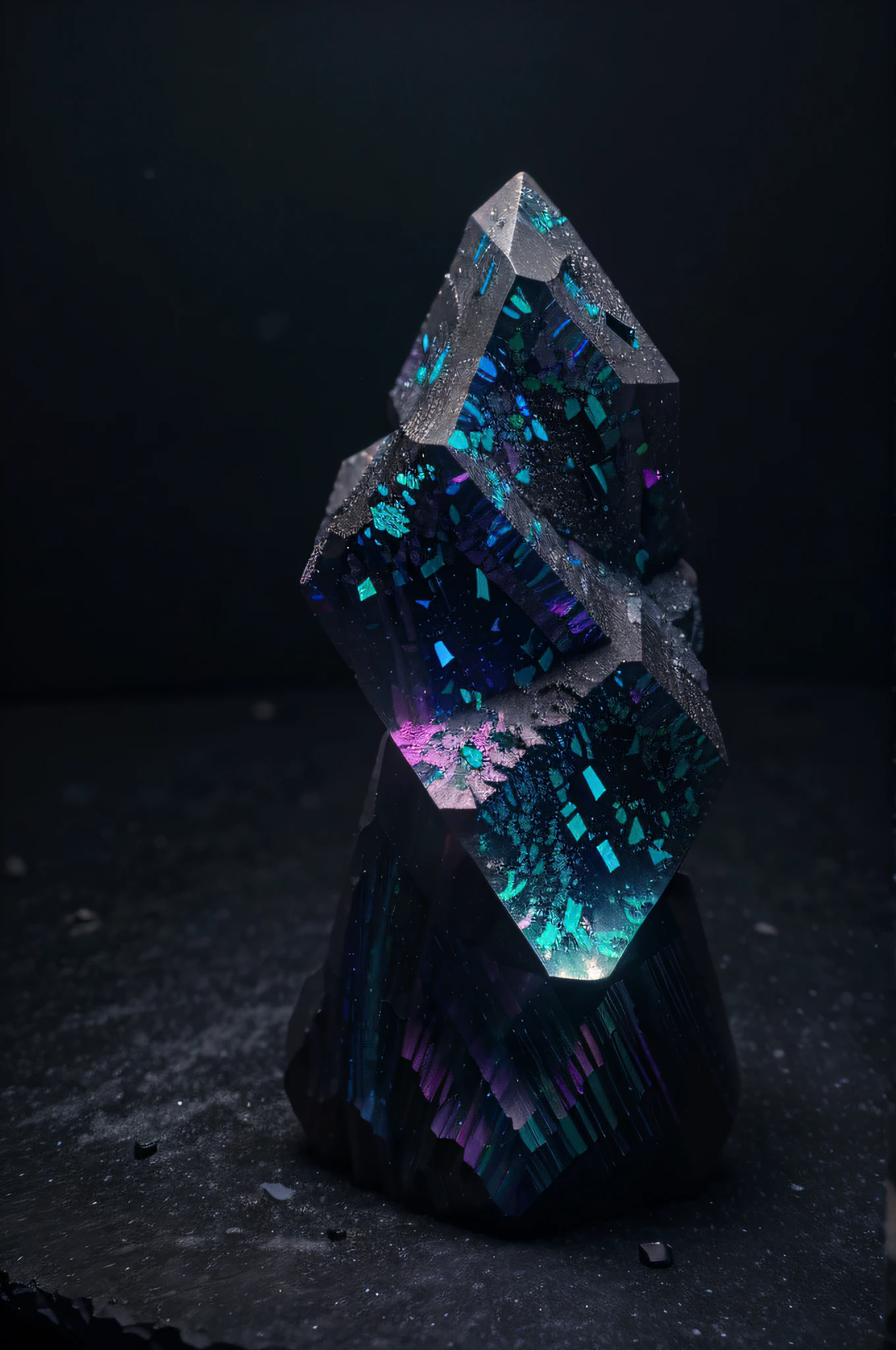 unusual mineral, Gradient, blau, slightly pink in places, slightly purple, black, Glossy, geoid, Sharp corners, texture, beautiful on black, glows slightly from within, hyperRealism, HD, Realism, Black opal Lighting Ridge, fluorite, Burmese tourmaline around nothing, deep black background around levitation in air