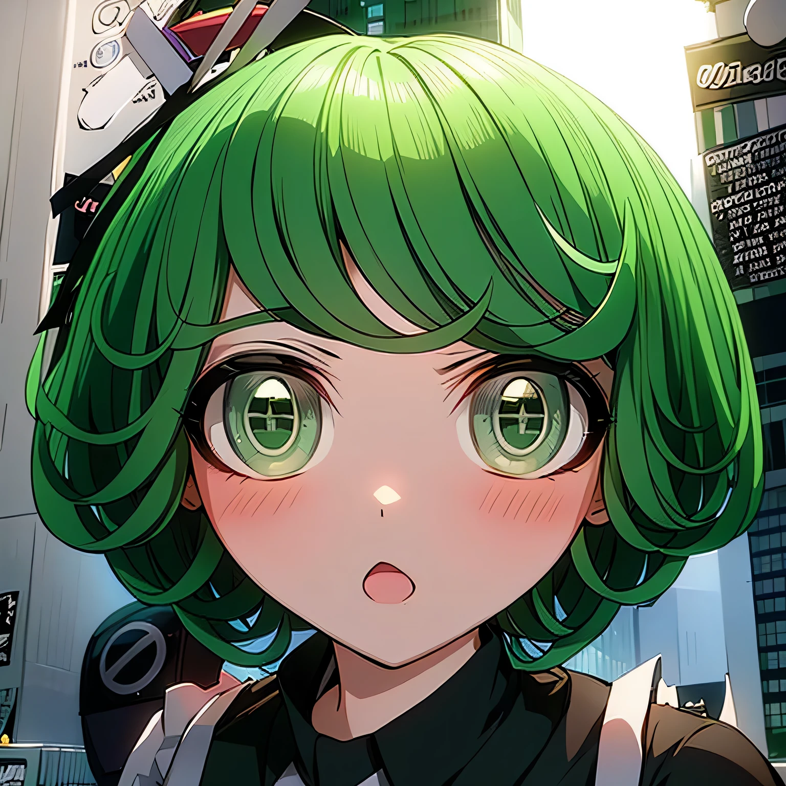 anime character with green eyes and green hair in a room, tatsumaki, tatsumaki with green curly hair, digital art from danganronpa, chiaki nanami from danganronpa, hints of yayoi kasuma, it has a piercing gaze, akane owari danganronpa, danganronpa, anime styled 3d