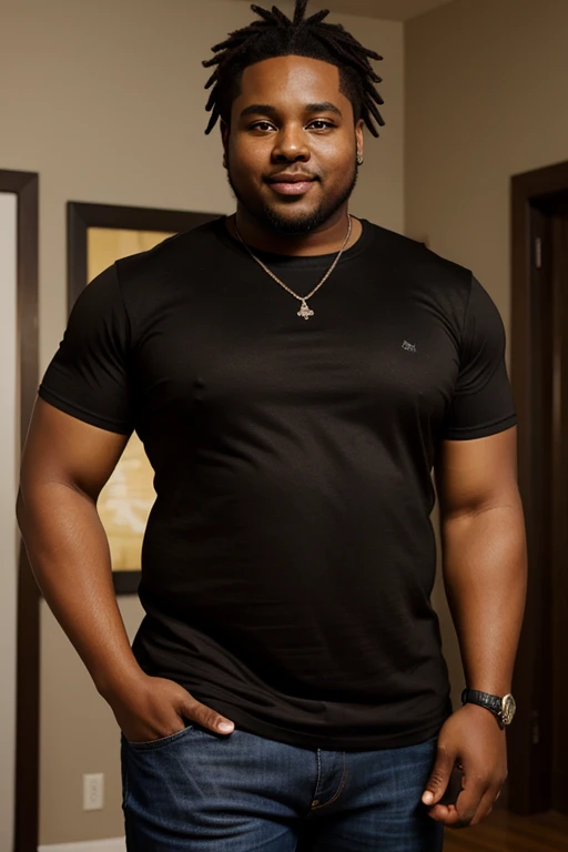 handsome and beautiful overweight African American men, black brown skin tone, smirking with dreaded brown hair half body shot wearing a black t-shirt and jeans