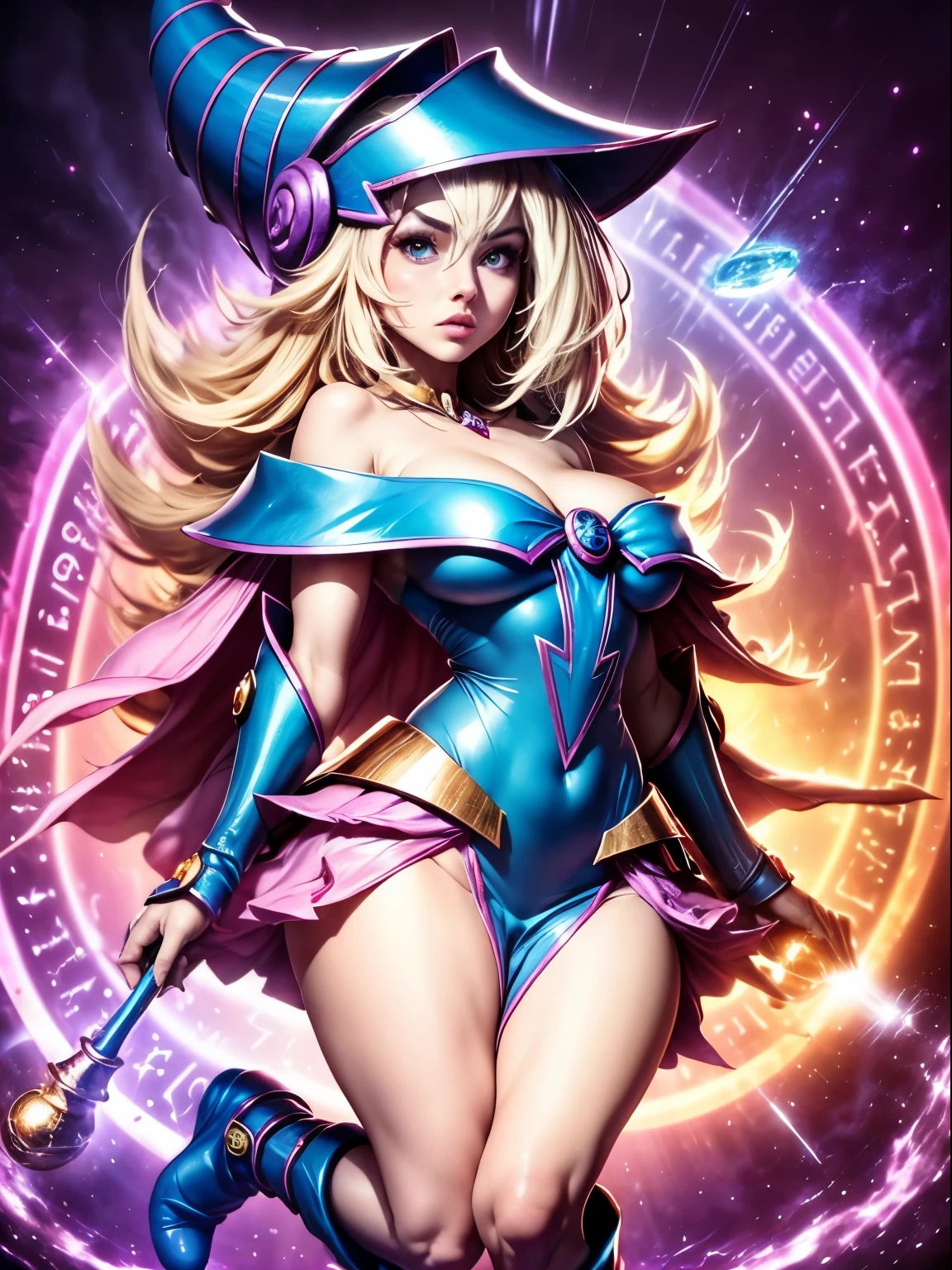 ultra-detallado, extremadamente detallado, obra maestra, sthe highest qualit, la mejor calidad, absurdos, highres, dark magician girl, (1girl: 1.2), solo, cara detallada, dynamic pose, flujo de cabello, (cuerpo completo: 1.1), cabello rubio, cabello largo, mirando al espectador, ojos verdes, skindentation, piel detallada, poros de la piel, (piel brillante, piel brillante: 1.1), detalles de piel rosada, senos, toenail polish, falda, calzado azul, sombrero azul, sombrero de mago, varita, holding hat, (bragas azules: 0.9), (summoning circle: 1.1), hexagrama, pentacle, pentagrama, yu-gi-oh!, monstruo de duelo, Purple Magic Field, resplandor, fondo detallado, fondo intrincado, Pose sujestiva y sensual