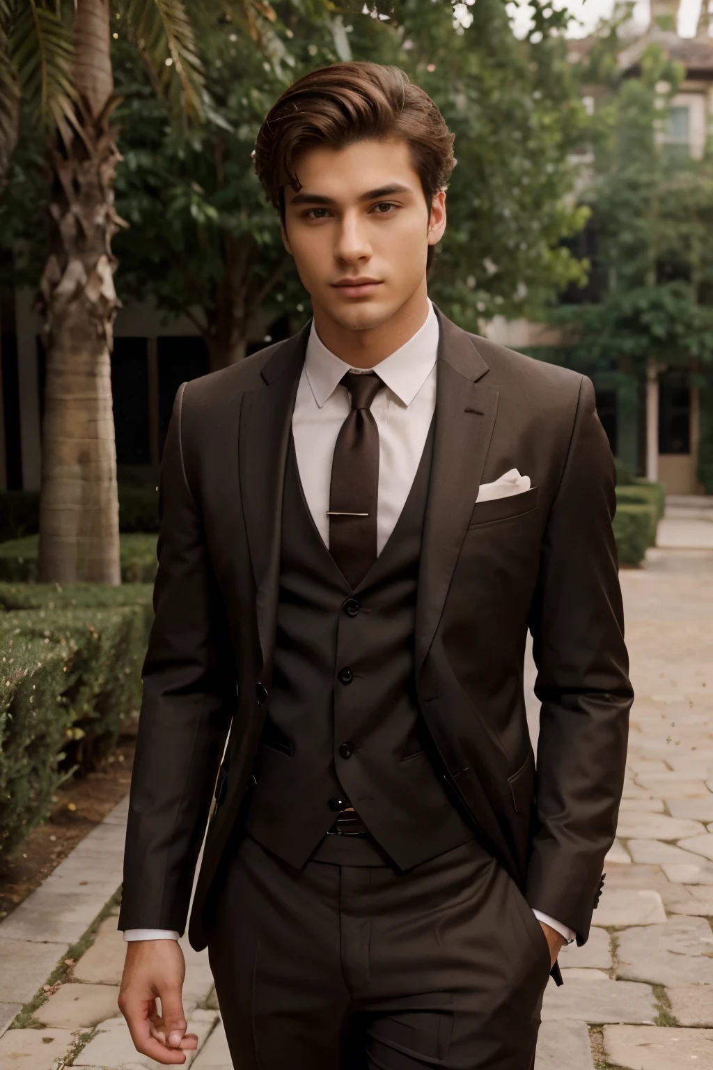 beautiful man,20yo,brun,brown eyes,beautiful detailed eyes, nice suits,outside, seductive attitude, head view