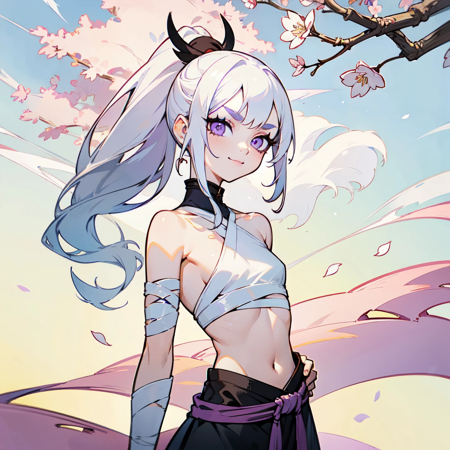 1girl, slim build, long white hair in a ponytail, albino, purple eyes, white eyelashes, short white eyebrows, petite, flat chest, topless, bandaged breasts, midriff, ninja clothes, martial arts pose, manic smile, standing on a sword, solo, best quality, masterpiece, portrait, cherry blossom valley background, looking at the camera, from the front, detailed, perfect anatomy, both hands visible, detailed art, high definition, 4k, high resolution