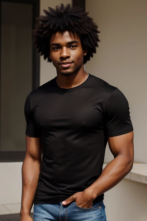 handsome and beautiful  African American men, black brown skin tone, smirking with afro brown hair half body shot wearing a black t-shirt and jeans