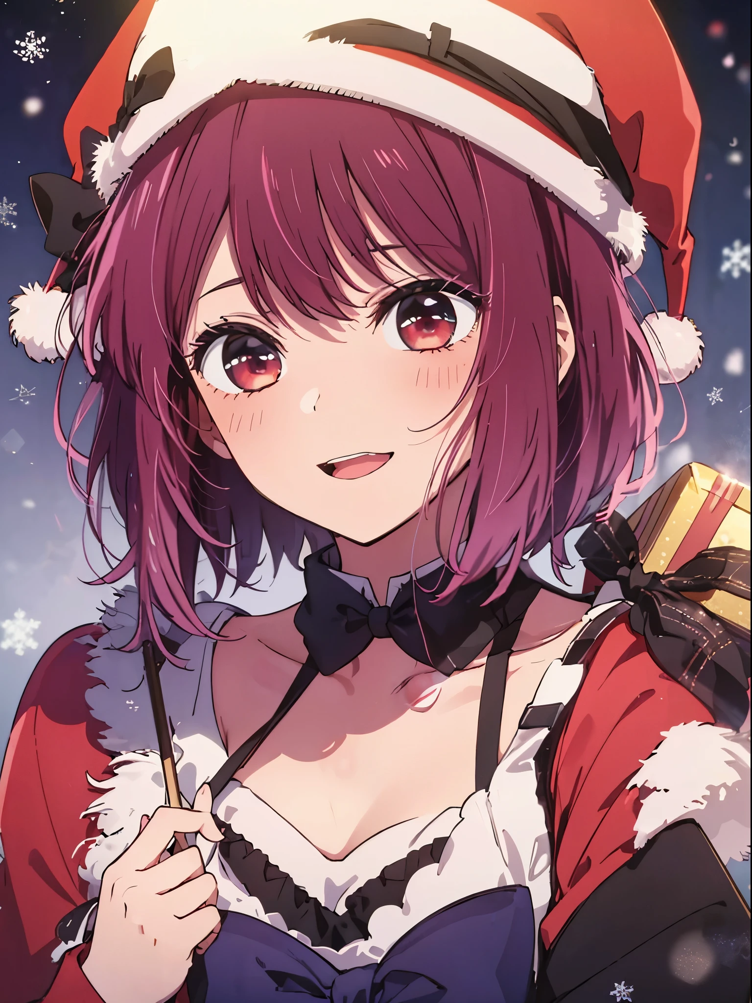 ​masterpiece、ighly detailed、(1 girl in:1.2)、Red hair、big eye、(((a closeup)))、smil、short-hair、(((anime styled)))、(((2D)))、Red Eyes、Open your mouth、(((santa )))、(((Christmas)))、8K、