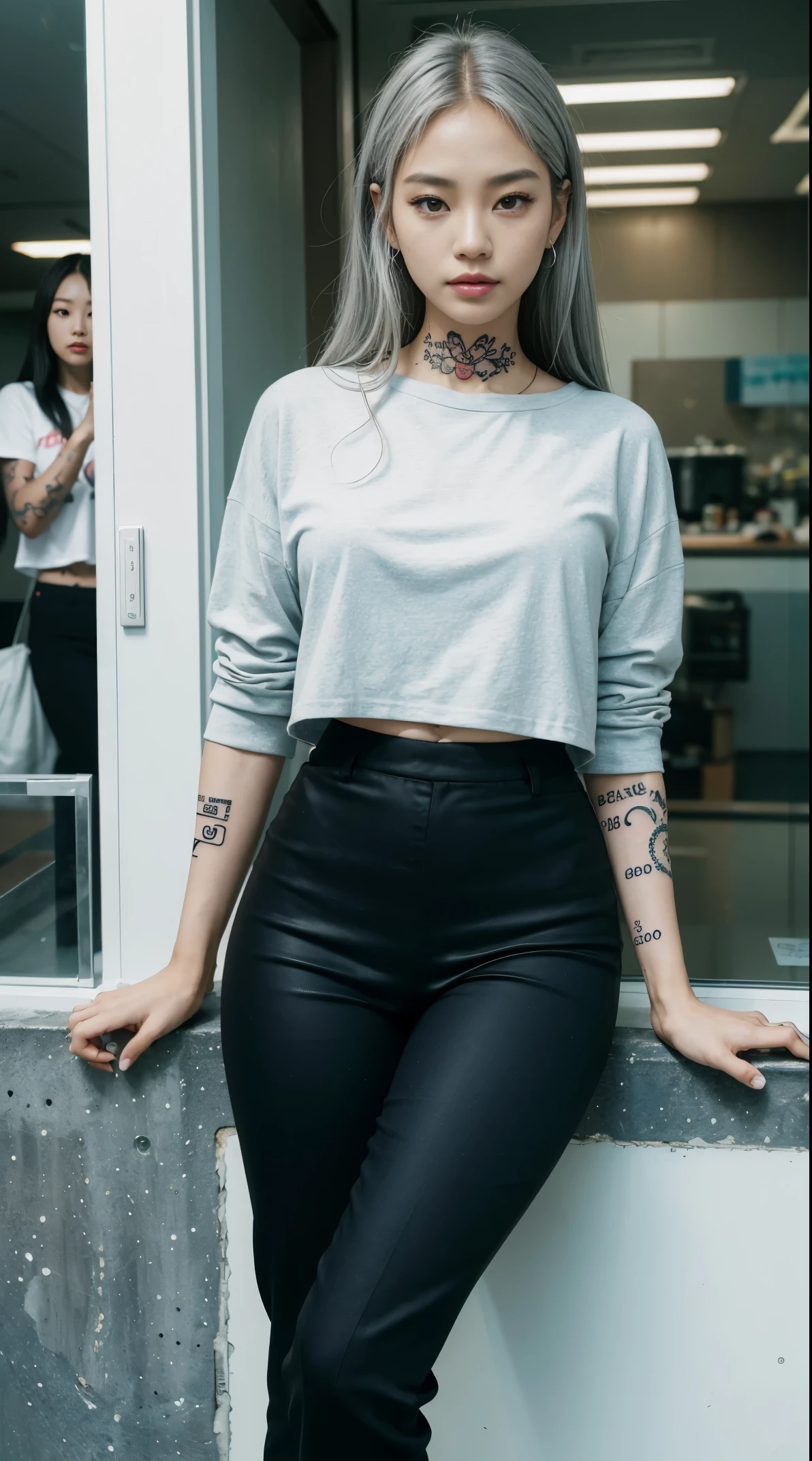woman with cute baby face, attractive and seductive expression, shy, straight blonde hair, brow, make up, blue colored eyes, superlative body proportions, covered in tattoos, wearing a loose knit shirt, tight leather pants, engineer boots, artistic, hyper, CG graphic digital art