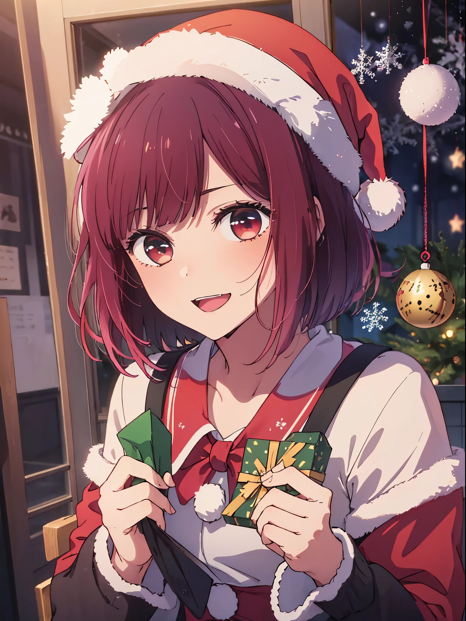 ​masterpiece、ighly detailed、(1 girl in:1.2)、Red hair、big eye、(((a closeup)))、smil、short-hair、(((anime styled)))、(((2D)))、Red Eyes、Open your mouth、(((santa )))、(((Christmas)))、8K、