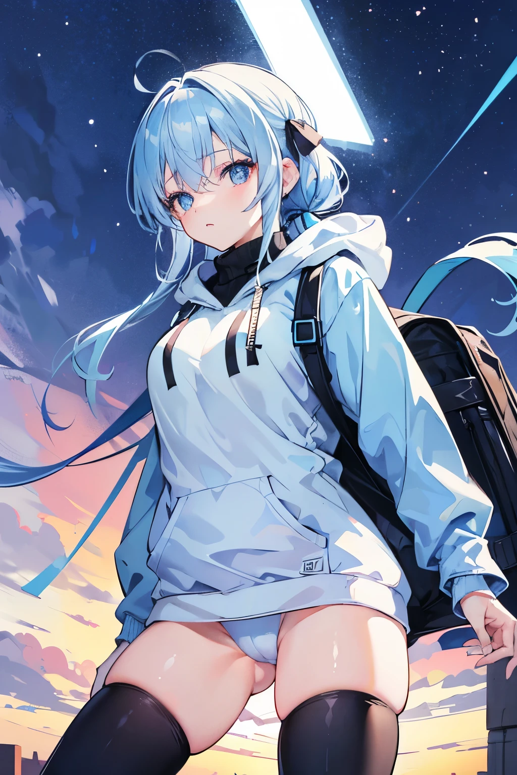 1girl, with light blue eyes, light blue hair, wearing a hair ribbon, blue and white long hoodie, no pants, the scene is set in winter, sunset, looking directly at the viewer, black thighhighs, (spread legs wide open), carrying a rucksack, black turtleneck:1.2