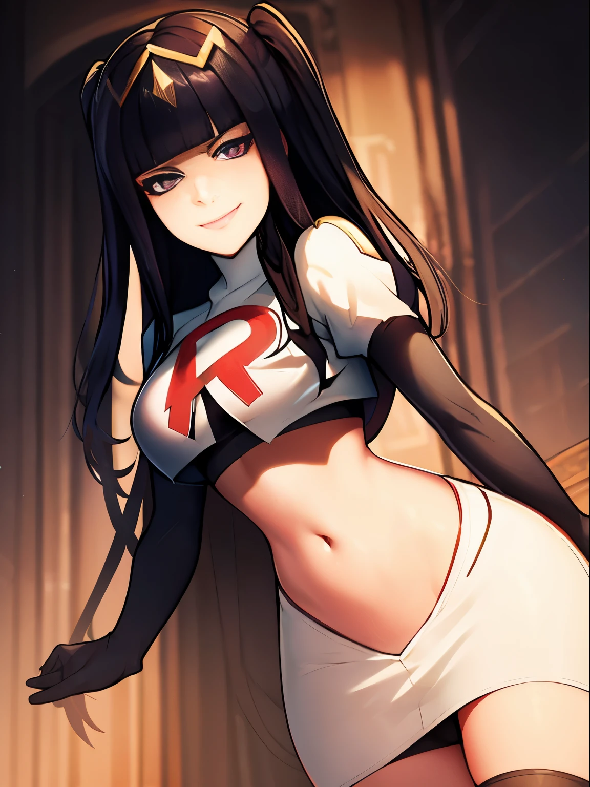 tharja, team rocket, team rocket uniform, red letter R, white skirt, white crop top, black thigh-high boots, black elbow gloves, looking at viewer, evil smile