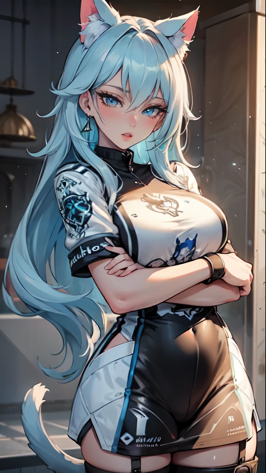 Masterpiece, beautiful art, professional artist, 8k, art style by sciamano240, very detailed face, very detailed hair, 1girl, perfectly drawn body, beautiful face, long hair, light blue hair , very detailed blue vertical cat eyes, pouty lips , rosey cheeks, intricate details in eyes, black tigh boots, earrings, simply wearing a ice hockey jersey, home setting, standing,