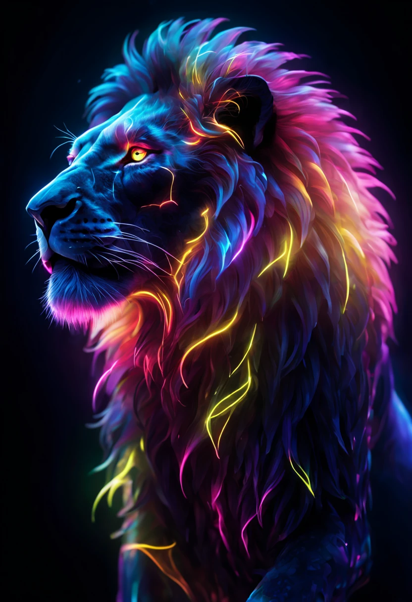 Ultra detailed illustration of the silhouette of a leopard, phantasmagorical figure, (((translucent skin:1.5))), (((translucent body:1.5))), neon lights, light particles, colorful, cmyk colors, backlit, cyberpunk