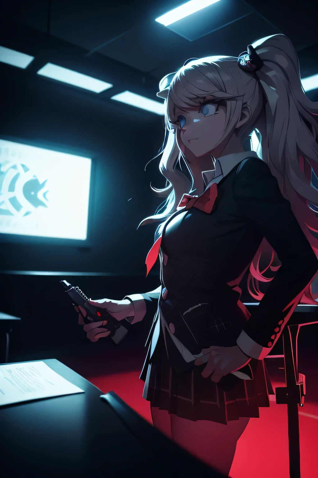 bright expression, confident, wearing school uniform, holding a silver gun, standing in a dark and mysterious classroom with desks and chairs scattered around, a blackboard behind with the words "Ultimate Despair" written in red, a spotlight casting dramatic shadows, intense red and blue color tones, surreal and psychedelic background, surrounded by shattered glass and floating Monokuma teddy bears, symbolizing the dark and thrilling atmosphere of Danganronpa. (best quality, vivid colors), (anime style:1.1), (bright lighting), [silhouette], [blurry], [grunge texture], [vibrant colors], [dynamic composition], [mysterious atmosphere]