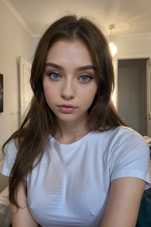 woman with t shirt, girl with blue eyes, portrait sophie mudd, portrait corinna kopf, blonde hair and large eyes, Selfie einer jungen Frau, Augen im Schlafzimmer, Violet Myers, ohne Make-up, Natural makeup, Blick direkt in die Kamera, Gesicht mit Artgram, dezentes Make-up