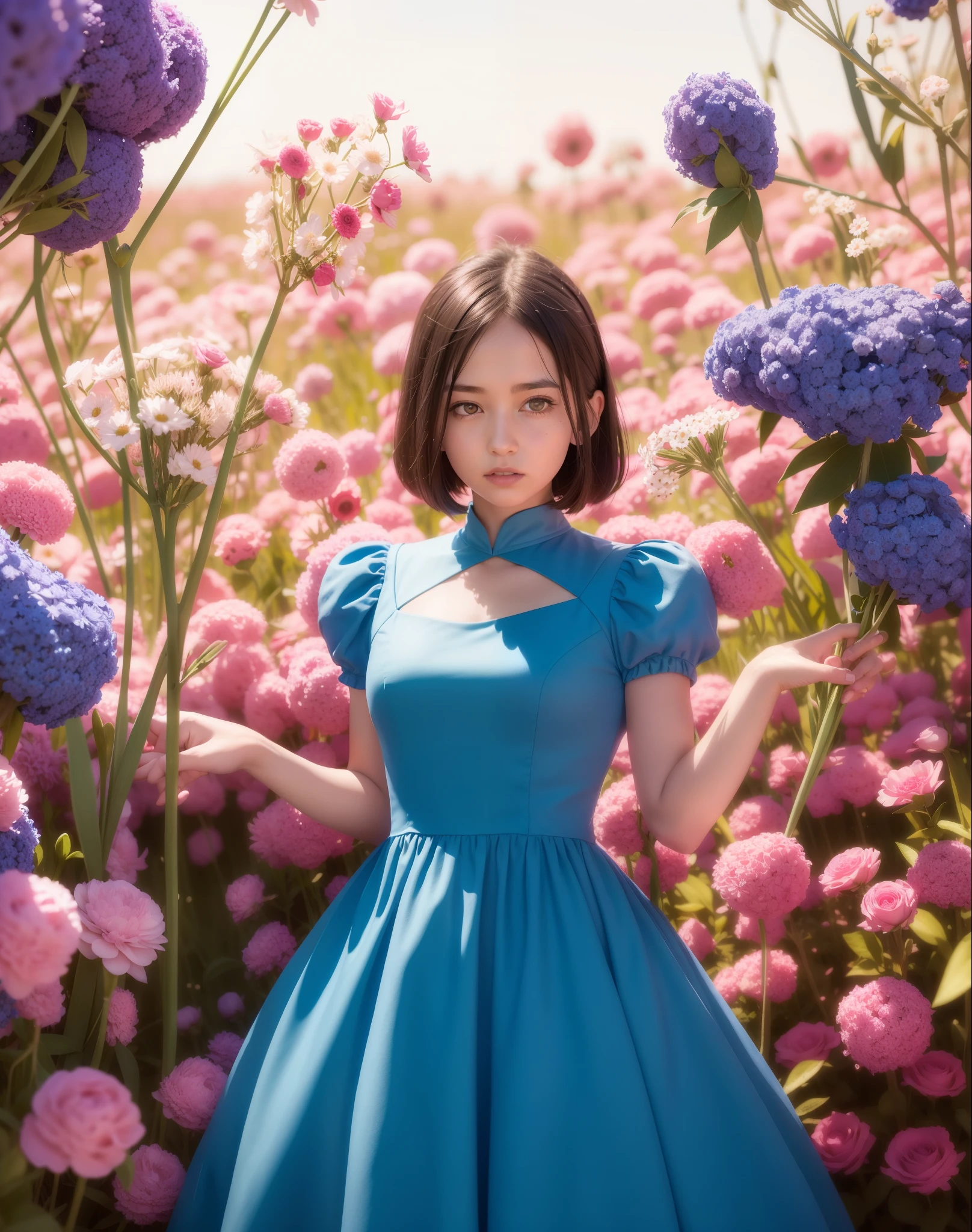 araffe girl in a blue dress standing in a field of flowers, like alice in wonderland, alice in wonderland style, alice in wonderland cyberpunk, portrait of alice in wonderland, beeple and james jean, from alice in wonderland, alice in wonderland theme, alice attends mad tea party, alice from alice in wonder land, lost in a dreamy fairy landscape