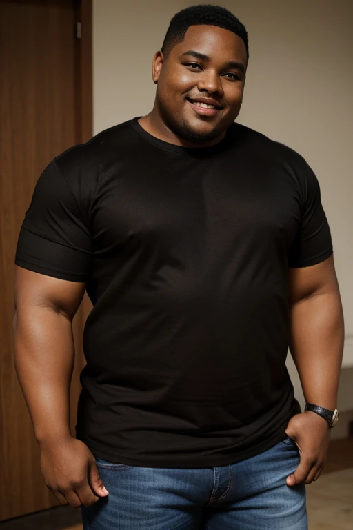 handsome and beautiful overweight African American men, black brown skin tone, smirking with short brown hair half body shot wearing a black t-shirt and jeans