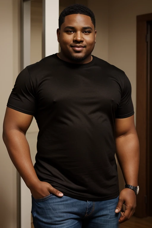 handsome and beautiful overweight African American men, black brown skin tone, smirking with short brown hair half body shot wearing a black t-shirt and jeans