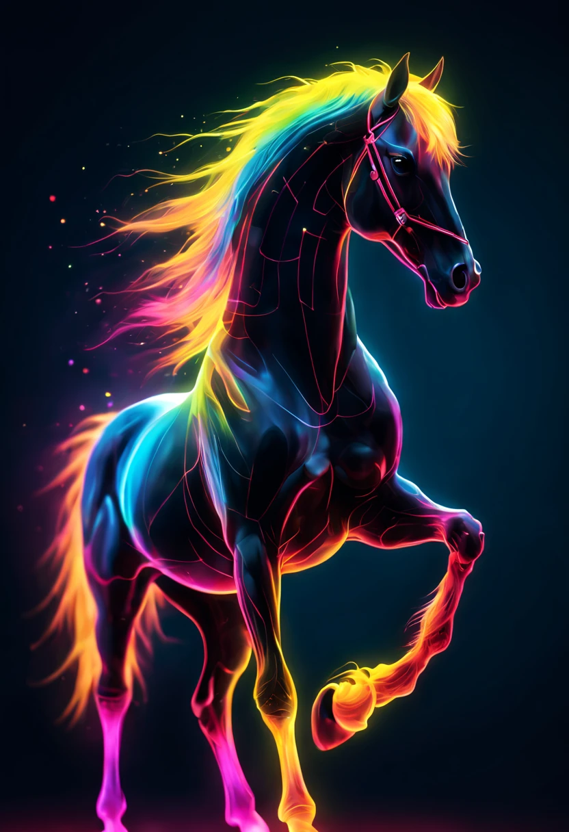 Ultra detailed illustration of the silhouette of a horse, phantasmagorical figure, (((translucent skin:1.5))), (((translucent body:1.5))), neon lights, light particles, colorful, cmyk colors, backlit, cyberpunk