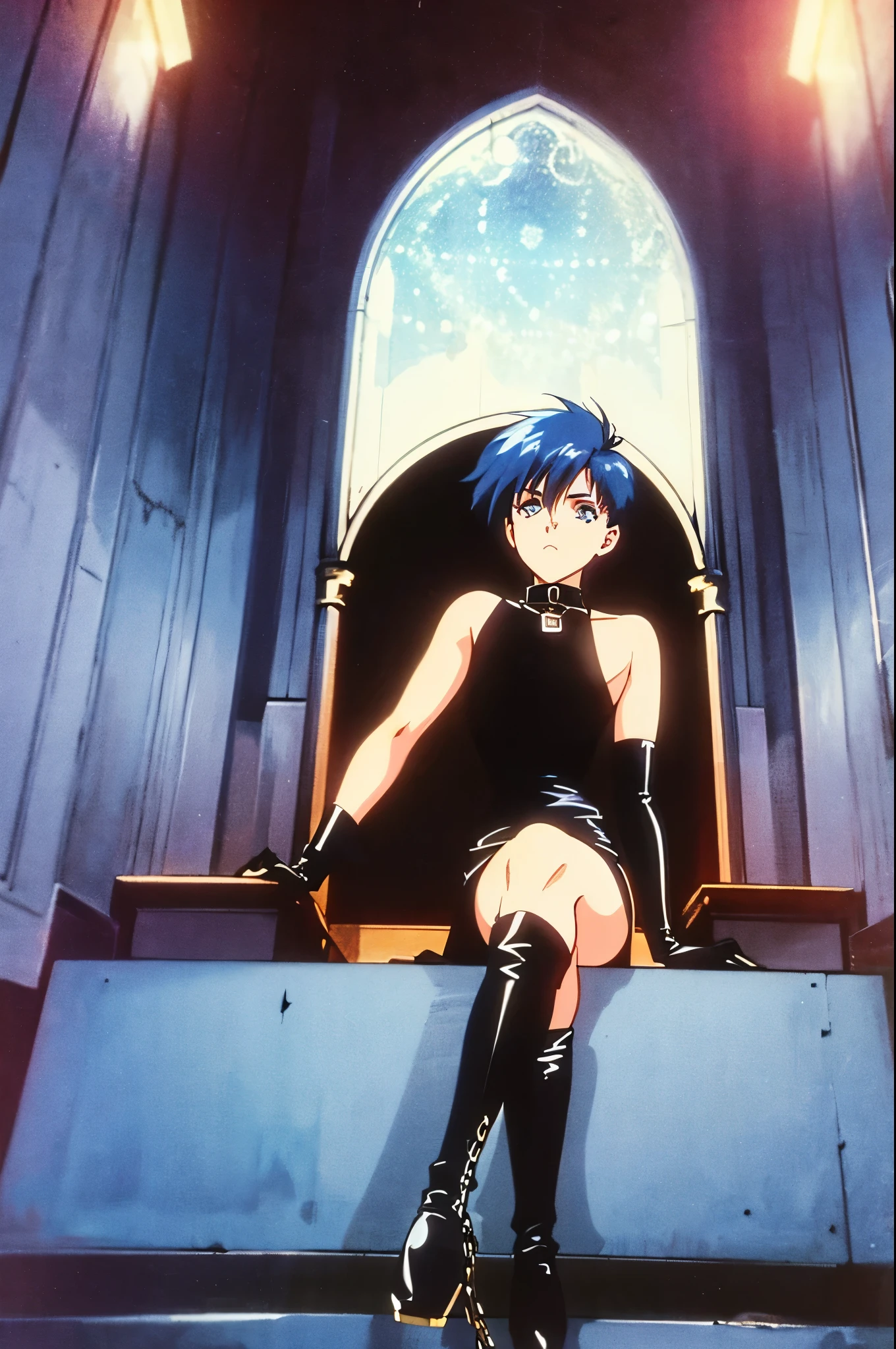 1980s anime screencap, short blue pixy hair, blue pixie-cut, thin side-locks, hair between eyes, goth, mature face, black collar, black outfit, chains and zippers, black elbow gloves, black goth high-top platform boots, high side-slits, inside church setting, beautiful starry sky, soft dim majestic lighting, retro artstyle, 90s of the 20th century (styled), 80s of the 20th century (styled)