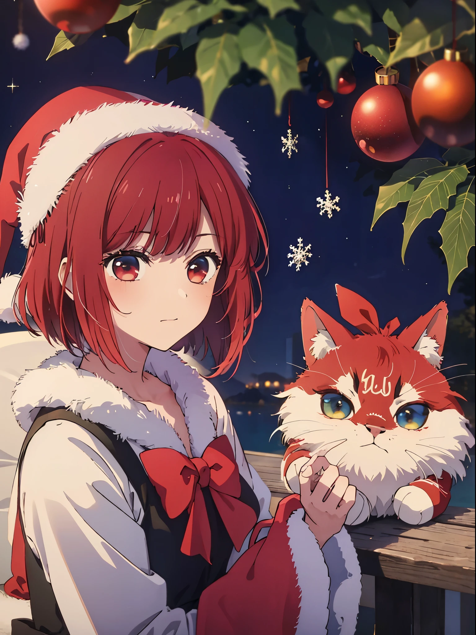 ​masterpiece、ighly detailed、(1 girl in:1.2)、Red hair、big eye、(((a closeup)))、smil、short-hair、(((anime styled)))、(((2D)))、Red Eyes、Open your mouth、(((santa )))、(((Christmas)))、8K、