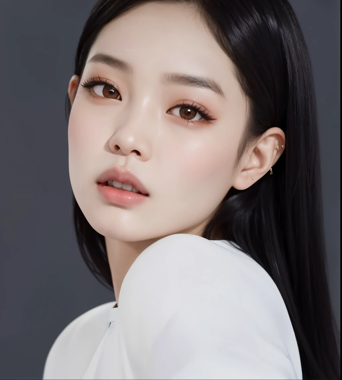 Uma mulher com cabelo largo e negro e uma camisa branca, jennie blackpink, Jaeyeon Nam, Gongbi, Adorable young Korean face, wan adorable korean face, young cute wan asian face, Jossi de Blackpink, Lee Ji-eun, Lee Ji - Eun, Yanjun Chengt, Xintong Chen, Parque Ji-min, yun ling, Heonhwa Choe
