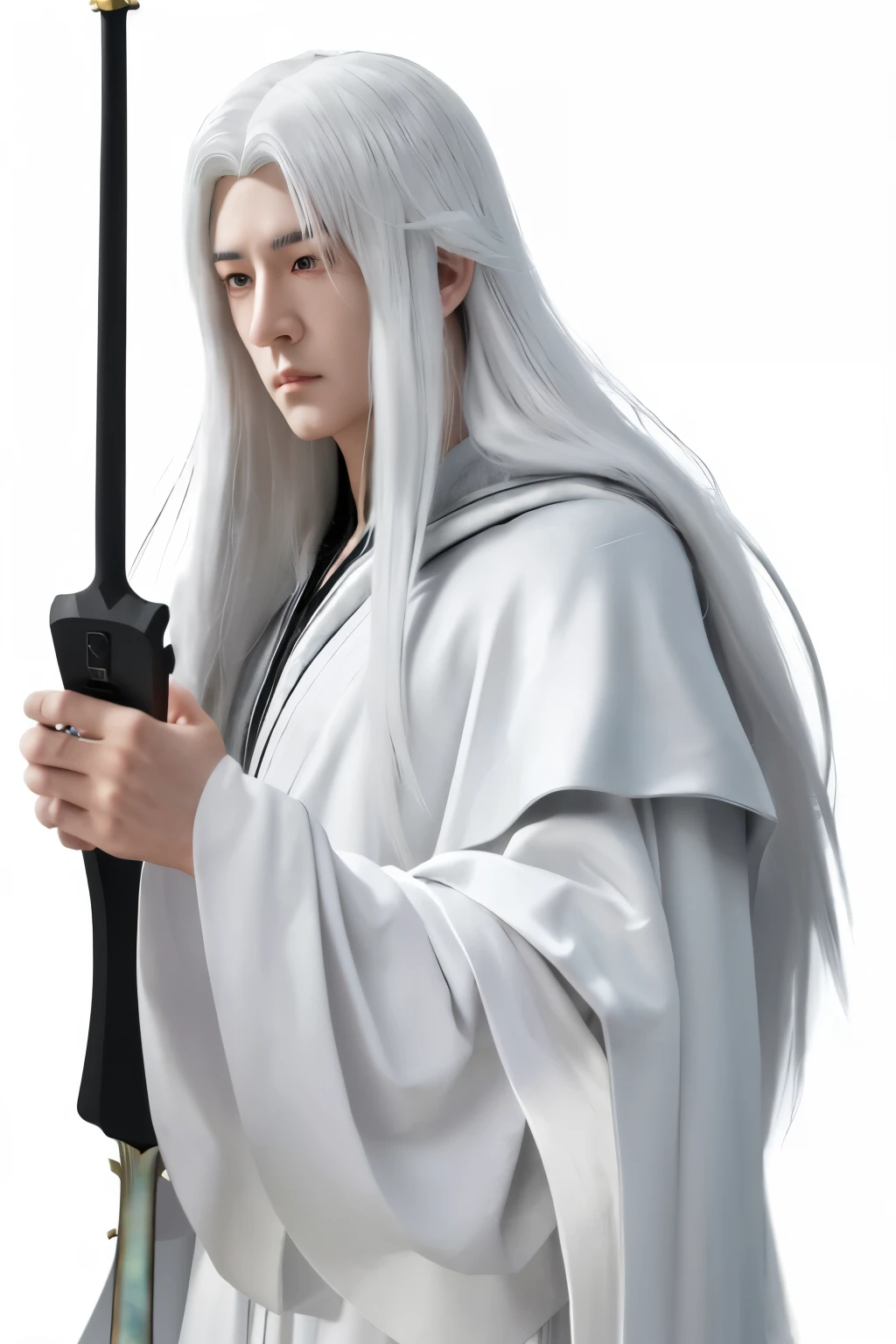 Cartoon character with sword and white cloak holding a mobile phone, White Hair deity, They have long white hair., White Hair, Gandalf as a woman, They have long white hair., whitehair, Yee Chong Silverfox, Inspired by Hong Ren, made with anime painter studio, Inspired by Guan Daosheng, Inspired by Zhang Han, Beautiful prince androgynous