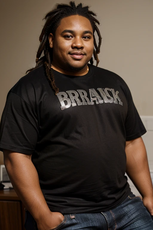 handsome and beautiful overweight African American men, black brown skin tone, smirking with dread brown hair half body shot wearing a black t-shirt and jeans