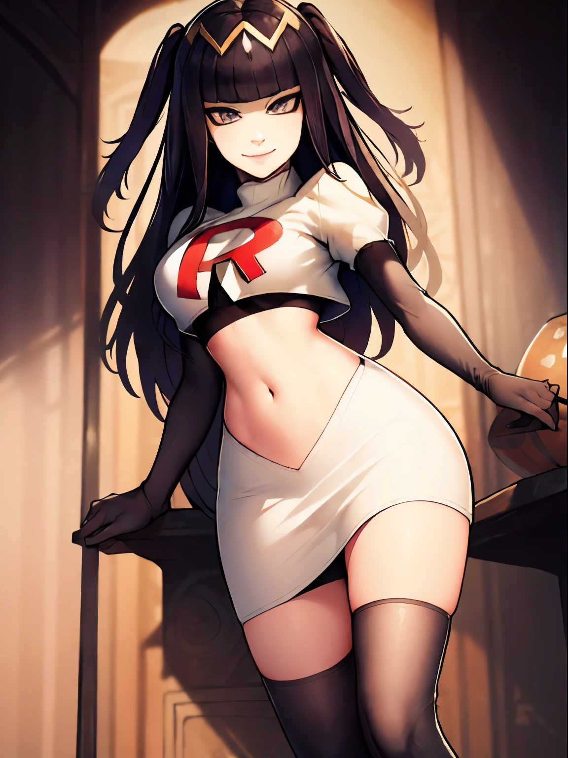 tharja, team rocket, team rocket uniform, red letter R, white skirt, white crop top, black thigh-high boots, black elbow gloves, looking at viewer, evil smile